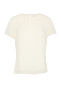 Kurzärmlige Bluse aus weichem Elfenbein-Stoff mit rundem Halsausschnitt und gerafften Details an den Schultern. Verfügt über eine Aussparung aus Schlüsselbundform auf der Rückseite.