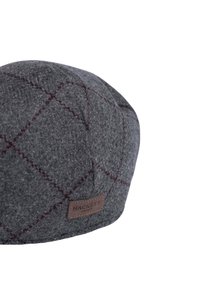 Grau melierte Wollmütze mit dezentem roten Karomuster und braunem Leder-Logo-Tag von Hackett London an der Seite.