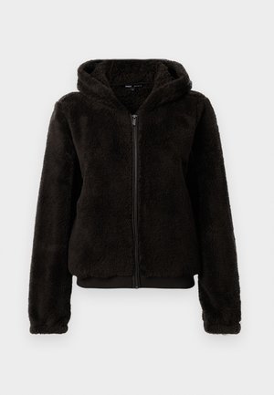 Musta fleece-tyylinen huppari, jossa on pehmeä pinta, joustavat hihansuut ja vyötärönauha tiiviin istuvuuden takaamiseksi.