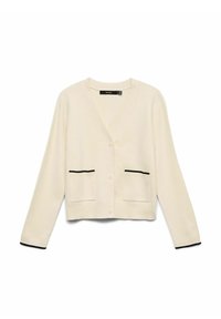 Kremowy kardigan wykonany z miękkiego materiału, z dekoltem w serek, zapięciem na guziki, dwoma przednimi kieszeniami z czarną lamówką oraz ściągaczami na mankietach i u dołu.