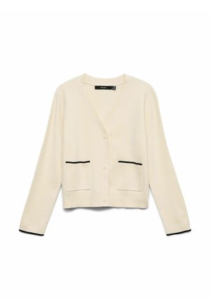 Cremefarvet cardigan lavet af blødt stof med V-udskæring, knaplukning, to forlommer med sort kant og ribstrikkede manchetter og kant.