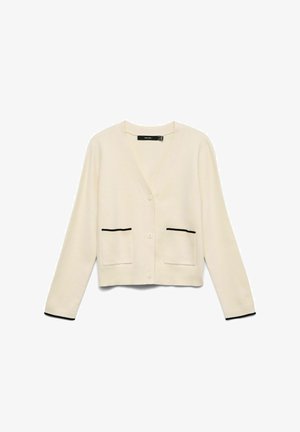 Krēmkrāsas kardigans no mīkstas auduma, ar V veida kakla izgriezumu, pogu aizdari, divām priekšējām kabatām ar melnu apmali un ribotu aproču un apakšējās malas apdari.