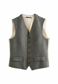 Gray herringbone wool vest featuring a notched collar, six brown buttons, two front pockets, and a cream-lined interior.