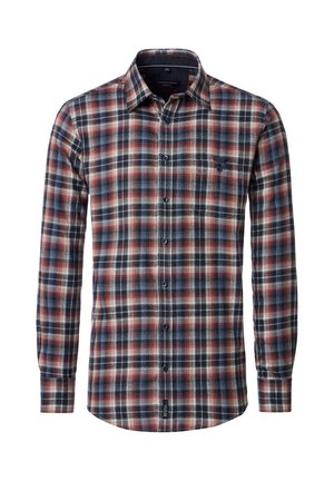 Kariertes Baumwollhemd mit Knöpfen in Blau-, Rot- und Cremetönen. Mit Kragen, langen Ärmeln und Brusttasche. Weiche Textur.