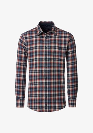Kariertes Baumwollhemd mit Knöpfen in Blau-, Rot- und Cremetönen. Mit Kragen, langen Ärmeln und Brusttasche. Weiche Textur.