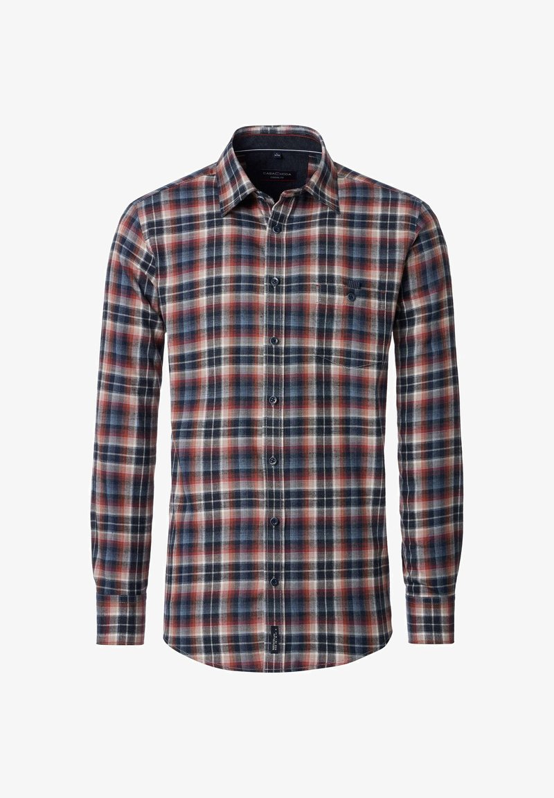Plaid button-up shirt in cotton with blue, red, and cream colors. Features a collar, long sleeves, and a chest pocket. Soft texture.