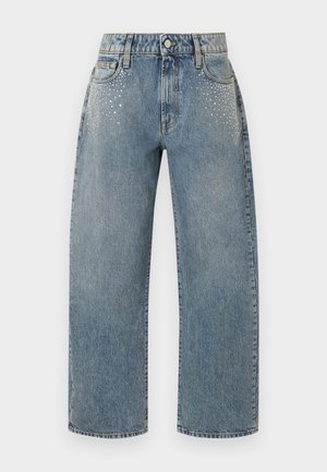 High-waist straight-leg light blue denim jeans with front and back pockets, button closure, and small silver studs near front pockets.