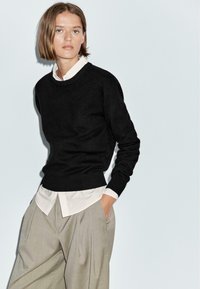 Maglione nero a maglia con collo rotondo indossato sopra una camicia bianca con colletto, abbinato a pantaloni grigi plissettati. Design minimalista e texture liscia.