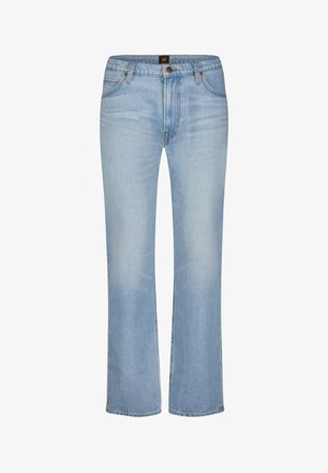 Lyseblå denimjeans med lige ben, forlommer, bæltestropper, lynlås og en mærket knaplukning i taljen.