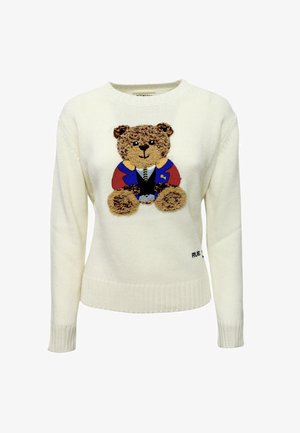 Maglione crema con una grafica di un orsetto teddy texture in abbigliamento multicolore, con polsini e orlo a costine, e dettaglio ricamato "RUE".