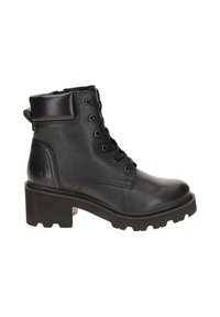 Bottine noire en cuir avec talon épais, bout à lacets, col rembourré et semelle texturée pour une meilleure adhérence.