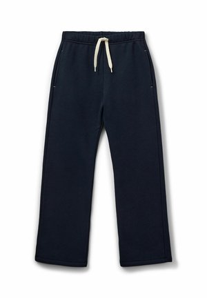Marinblå sweatpants med elastisk midja, vit dragsko och två sidofickor; tillverkade av ett mjukt, texturerat tyg.