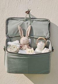 Vihreä kangas laukku, jossa on vetoketjullinen kansi, sisältää pehmeän vaaleanruskean pupun, vaalean vesipullon, peittoja ja tuttipulloja.
