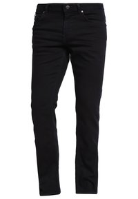 Czarne dżinsy, średni stan, dopasowane, o gładkiej strukturze, z standardowymi kieszeniami i metalowym zapięciem.