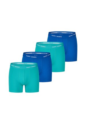 Cztery pary elastycznych bokserek w kolorach turkusowym i niebieskim z miękkim pasem oznaczonym "HAPPY SHORTS". Prosty, nowoczesny design.