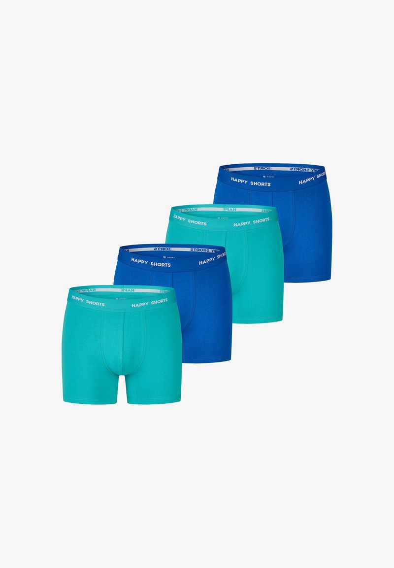 Čtyři páry elastických boxerek v tyrkysové a modré barvě s měkkým pasem označeným "ŠŤASTNÉ ŠORTKY." Jednoduchý, moderní design.