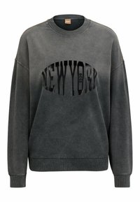 Šedá mikina vyrobená z měkkého materiálu. Obsahuje logo "NEW YORK" v černé barvě, kulatý výstřih, dlouhé rukávy a žebrované manžety a lem. Texturovaná tkanina.