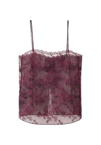 Camisola de encaje burdeos con tirantes finos, escote con volante, bordados florales y un corte holgado con un dobladillo redondeado.