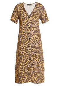 Abito a maniche corte giallo con stampa animale astratta marrone scuro. Scollatura a V e dettagli con bottoni sul davanti. Tessuto leggero, lunghezza midi.