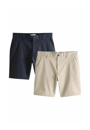 Zwei Paare lässiger Shorts, eine in Marineblau und eine in Beige, beide mit Knopfverschluss und Seitentaschen, auf weißem Hintergrund dargestellt.