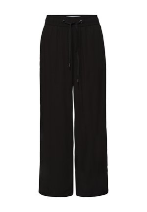 Black wide-leg pants with elastic waistband and adjustable drawstring, designed for relaxed fit and casual wear.