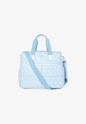 Borsa azzurra chiara con un motivo geometrico, realizzata in tessuto. Presenta doppi manici, una tracolla regolabile e un’etichetta con il logo.