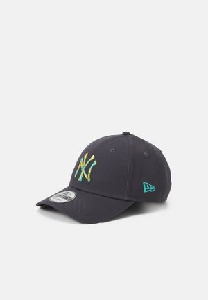 Black baseball cap with multicolored NY logo embroidered on front and turquoise logo on side, displayed on white background.