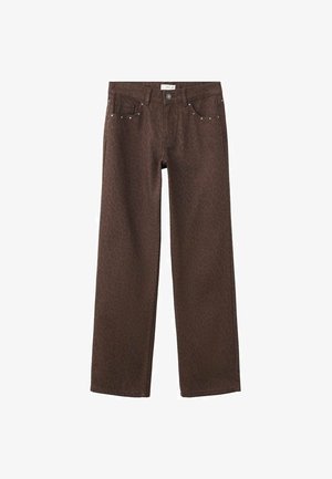 Braune Jeans mit geradem Bein, dezentem Leopardenmuster, vorderem Knopf, Gürtelschlaufen und Fünf-Taschen-Design.