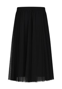Gonna in tulle nera con elastico in vita, caratterizzata da un design svasato e una texture a strati. Lunghezza al ginocchio con dettagli trasparenti all'orlo.