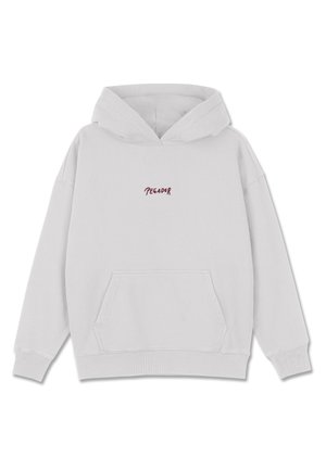 Grå bomullshoodie med framficka, ribbade muddarna och dragsko i huvan. Har "PEGADOR"-logotyp i vinröd på bröstet.