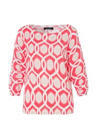 Langsleeve top in een roze en wit geometrisch patroon, met een wijde halslijn en een zachte brei-textuur. Aangevuld met 3/4 mouwen.