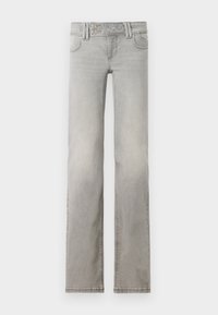 Lys grå jeans med en rett ben-design, laget av denim. Har to frontlommer, et liv med to knapper og synlig søm.