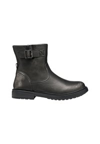 Bottines noires en cuir avec une finition mate, détail de boucle sur le côté et semelle texturée pour une meilleure adhérence. Design à bout arrondi et talon bloc bas.