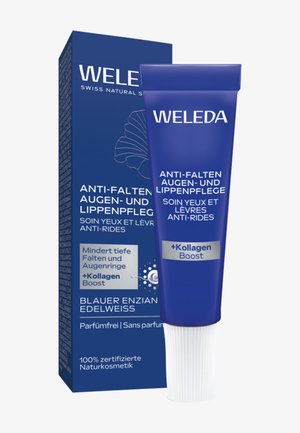 Crema anti-rughe per occhi e labbra Weleda in tubetto blu con accenti bianchi e tappo texturizzato. Confezionata in una scatola blu abbinata con dettagli testuali.