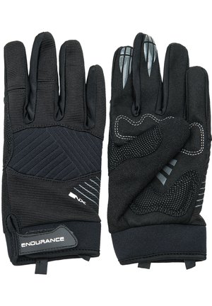 Schwarze thermische Handschuhe aus strukturiertem Stoff, mit gepolsterter Grifffläche und elastischen Bündchen. Mit grauen Akzenten und verstärkten Nähten für Langlebigkeit.