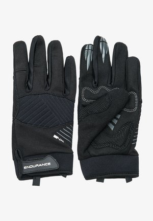 Schwarze thermische Handschuhe aus strukturiertem Stoff, mit gepolsterter Grifffläche und elastischen Bündchen. Mit grauen Akzenten und verstärkten Nähten für Langlebigkeit.