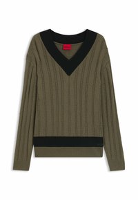 Zielono-oliwkowy sweter z dzianiny z dekoltem w serek, z czarnymi ribbowymi akcentami przy kołnierzu i brzegu. Zawiera teksturowany wzór w warkocze.