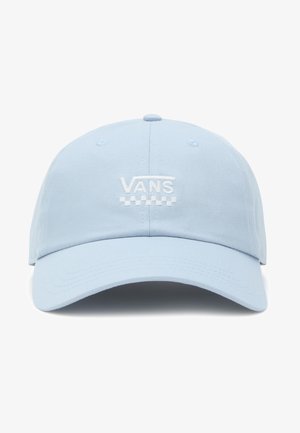 Lyseblå baseballkasket med hvid Vans-logo og ternet design broderet på fronten i midten.