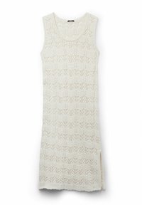Ärmelloses, knielanges Kleid aus cremefarbigem Spitzenstrick mit einem wellenförmigen Muster und seitlichen Schlitzen für mehr Bewegungsfreiheit.