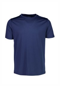 Mørkeblå kortærmet T-shirt fremstillet af glat stof, med rund hals og en afslappet pasform uden mønstre eller accenter.