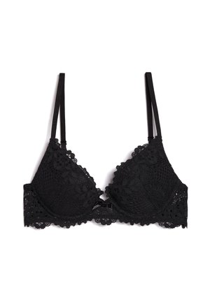 Zwarte kanten beha met dunne verstelbare bandjes en een klein strikje in het midden, met bloemmotieven in kant en geschulpte randen.