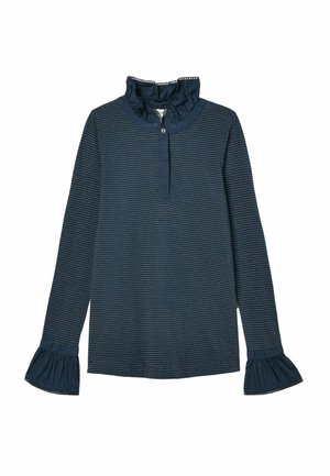 Navy long-sleeve top with white stripes, ruffled collar, button detail, and flared cuffs. Made from soft textile material.
