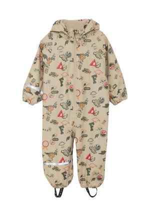 Beżowy kombinezon dziecięcy z kapturem, elastycznymi mankietami, paskami na stopy oraz kolorowymi, zabawnymi nadrukami, w tym literami, dinozaurami i symbolami.