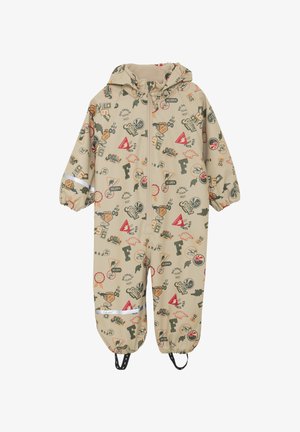 Beżowy kombinezon dziecięcy z kapturem, elastycznymi mankietami, paskami na stopy oraz kolorowymi, zabawnymi nadrukami, w tym literami, dinozaurami i symbolami.