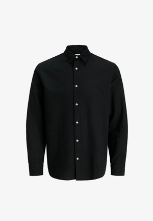 Musta pitkähihainen nappipaita, jossa on terävä kaulus ja valkoiset napit keskellä edessä, esitetty valkoisella taustalla.