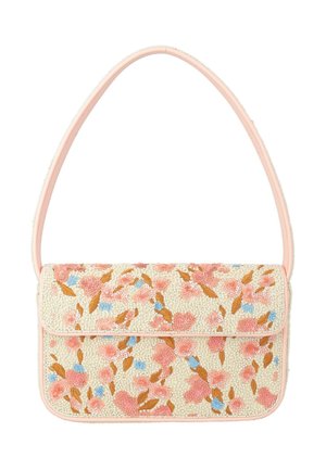 Sac à main rectangulaire crème avec broderie florale rose, bleue et marron et une seule bandoulière rose.