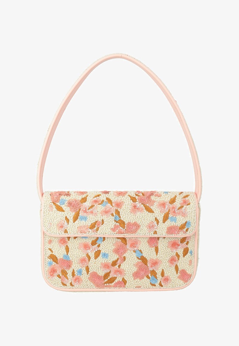 Sac à main rectangulaire crème avec broderie florale rose, bleue et marron et une seule bandoulière rose.
