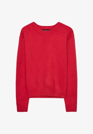 Röd långärmad tröja med rund halsringning och ribbstickade muddar, krage och fåll, visad mot vit bakgrund.