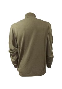 Olivgrüner gestrickter Pullover mit hohem Kragen, gerippten Bündchen und geradem Saum. Weiche Textur mit glatter Oberfläche, ausgestattete überschnittene Schultern.