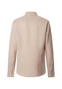 Bež muška košulja dugih rukava s manšetama na kopčanje, prikazana sa stražnje strane na jednobojnoj bijeloj podlozi.